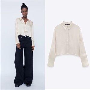 NWT ZARA SATIN CROPPED COLLARED BUTTON UP